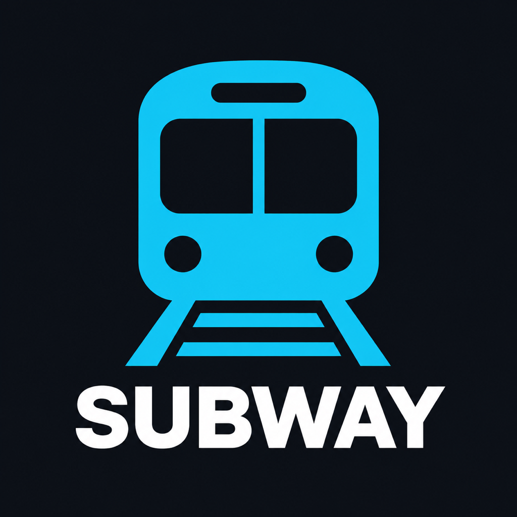 地下鉄何分？のアプリアイコン。シアンの地下鉄マークとSUBWAYの文字。
